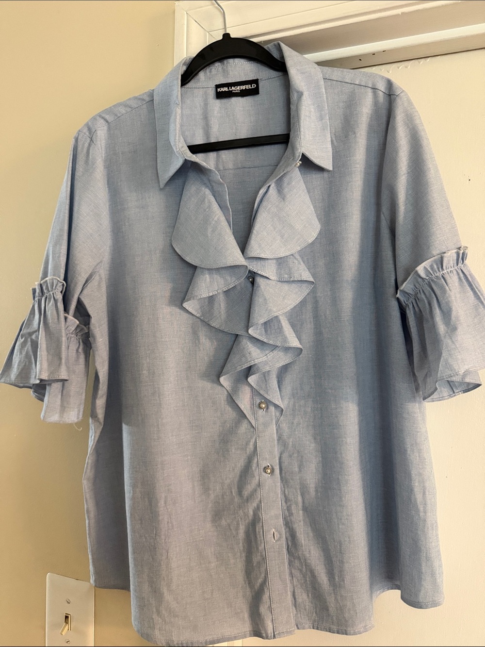 Karl Lagerfeld Pale Blue Ruffle-Front Button Down Shirt
